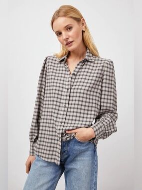 Rails Angelica Shirt Malt Onyx Plaid Flannel Button Down Puff Shoulder Medium